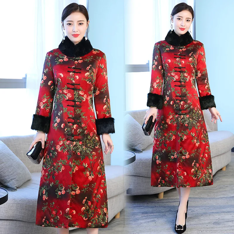 

2019 Winter New Style Improved Cheongsam Cotton Coat Ethnic-Style Printed Loose-Fit Slimming Fur Collar Suede Medium-length Coat