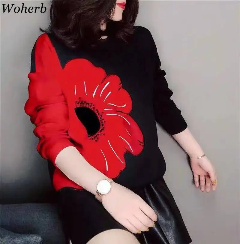  Woherb Korean Fashion New Hoodies Women O Neck Long Sleeve Contrast Color Sweatshirt Casual Loose L