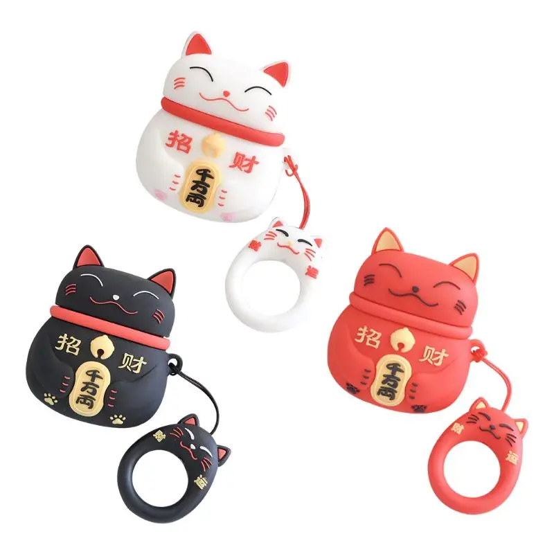 

Cute Lucky Cat Pattern Soft Silicone Protective Cover Shockproof Case Skin with Lanyard for Airpods 1/2 Charging Box Accessories