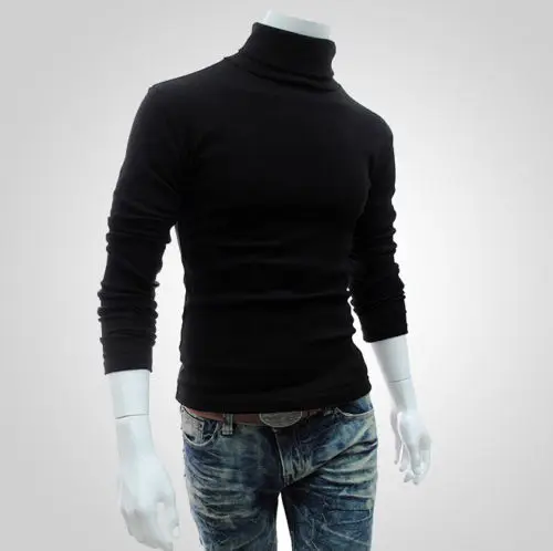 Мужской тонкий теплый пуловер с высоким воротом джемпер свитер Топ свитер рубашка одежда - Color: Black