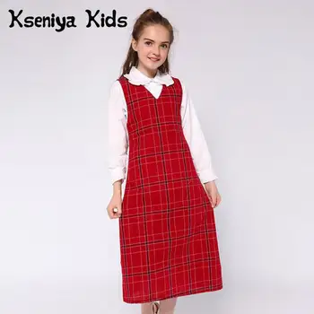 

Kseniya Kids Muslim Girl School Uniform V Collar Plaid Long Dress White Cotton Blouse 2 PCS Set
