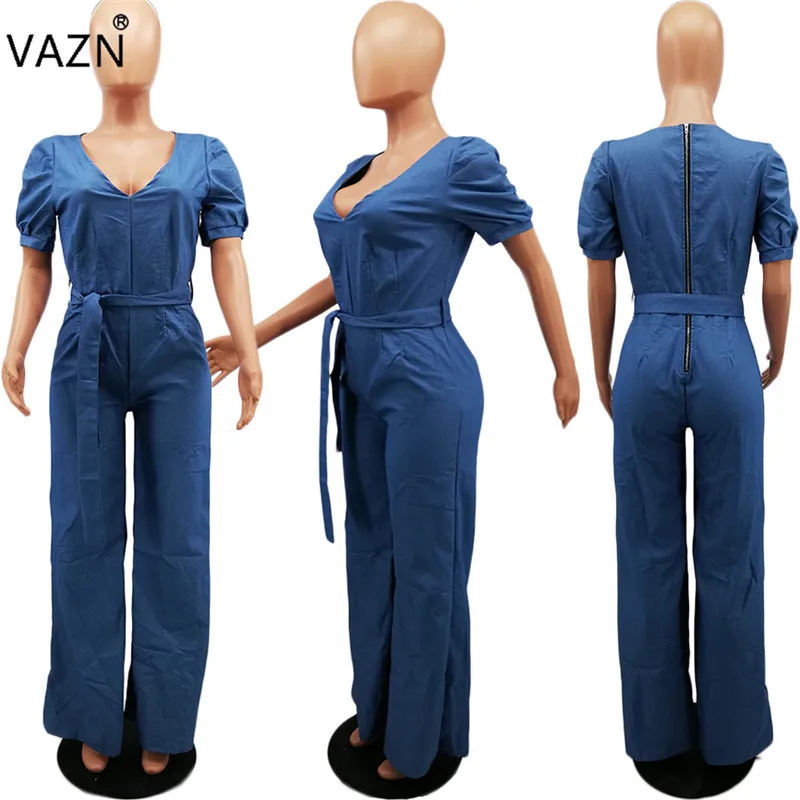 VAZN Лето Женский Повседневный модный короткий рукав v-образный вырез ремень молния удобные синие комбинезоны длинные брюки MTY6166