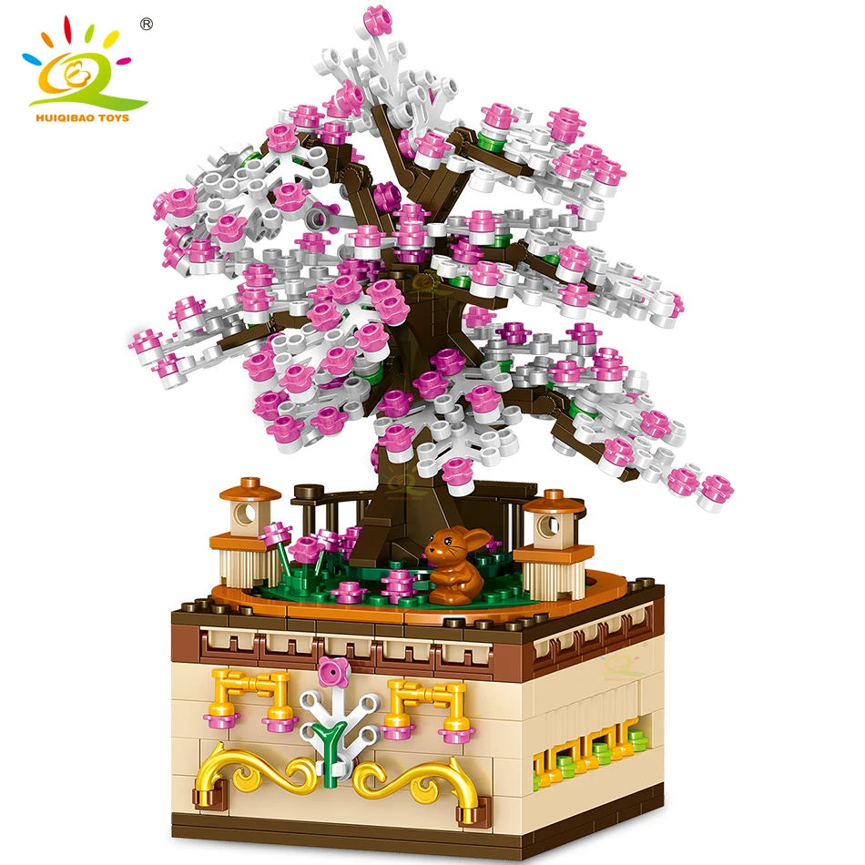 HUIQIBAO 487Pcs Cherry Blossoms Tree Music Box Rotating Sakura Technical Building Blocks Bricks Toys for Children Girl Gift
