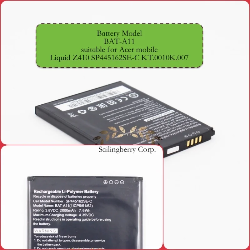 Аккумулятор подходит для acer-mobile Liquid Z410 SP445162SE-C KT.0010K. 007 с батареей модель BAT-A11