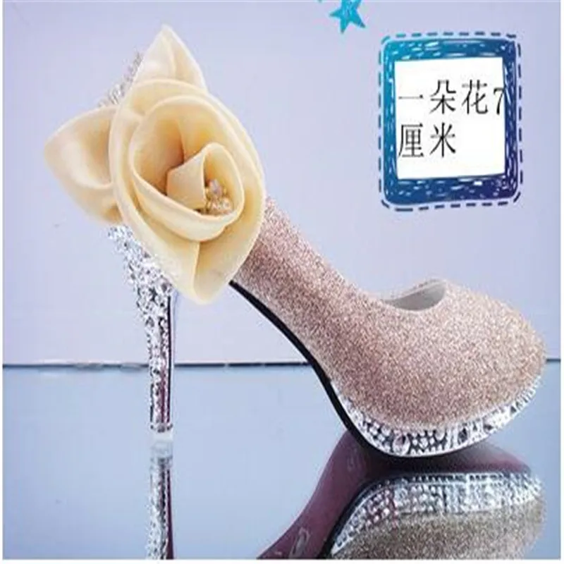 Г. Новая модная женская обувь Серебряная Свадебная обувь тонкие туфли на шпильке с круглым носком, украшенные кристаллами и цветами - Цвет: 1 flower gold 7cm