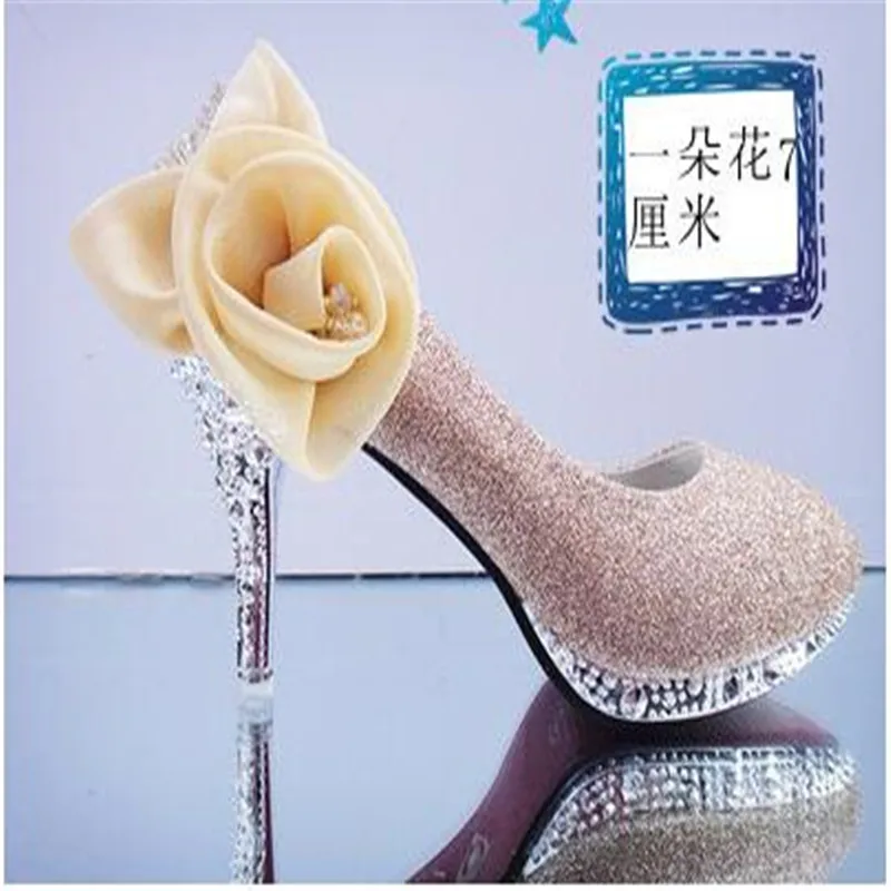 1 flower gold 7cm Г. Новая модная женская обувь Серебряная Свадебная обувь тонкие туфли на шпильке с круглым носком, украшенные кристаллами и цветами - Цвет: 1 flower gold 7cm