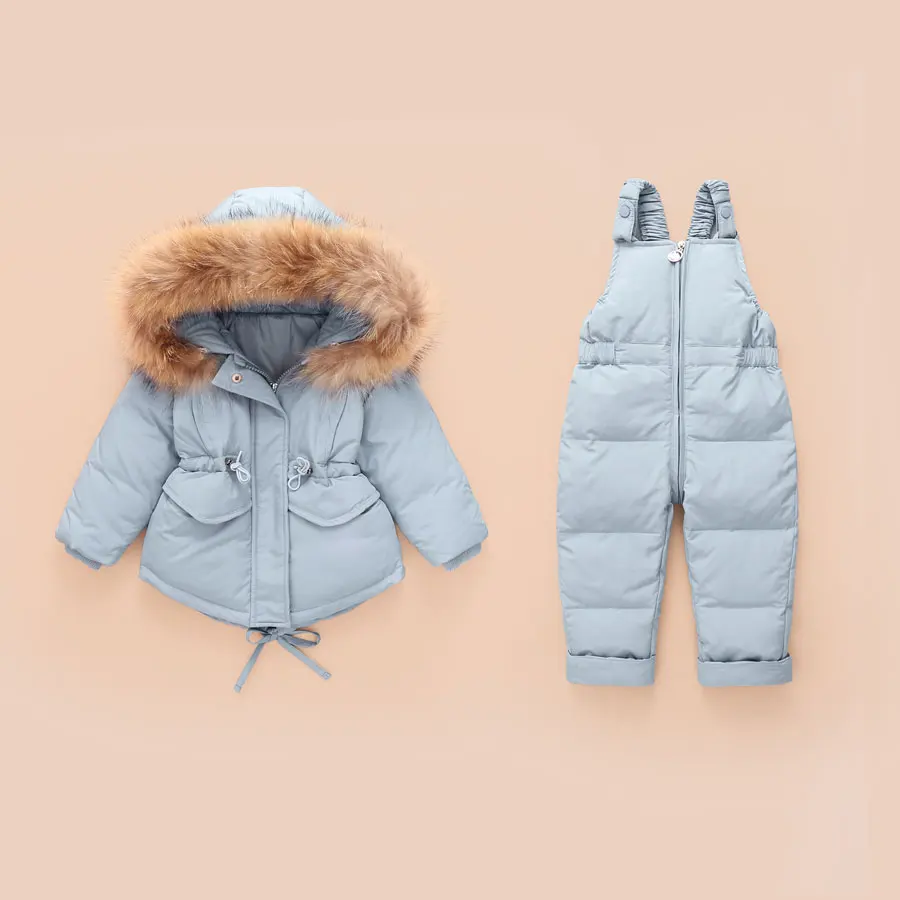 Зимние теплые комплекты детской одежды зимний детский лыжный костюм с натуральным мехом для маленьких девочек, детский лыжный костюм, зимний пуховик+ штаны для мальчиков 2-3 лет - Цвет: Синий