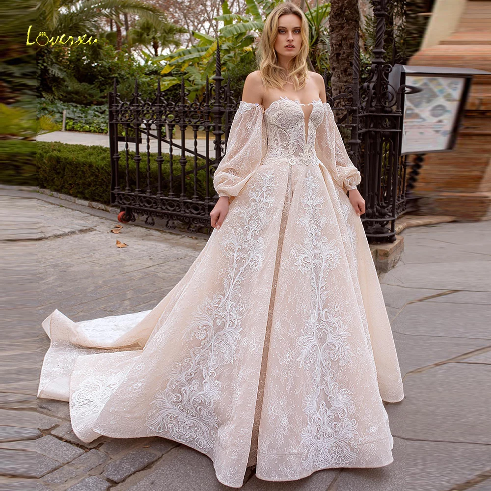 Loverxu милое бальное платье, свадебные платья, шикарное кружевное платье невесты с аппликацией, рукавом-фонариком и открытой спиной, свадебное платье со шлейфом
