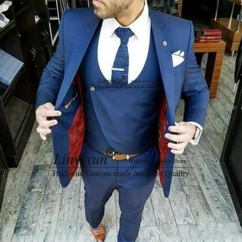 

Navy Blue Groom Wear Suits Fashion Design 3 Pieces(Jacket+Vest+Pants) Men Suits High Quality Custom Made Shawl Lapel Blazer