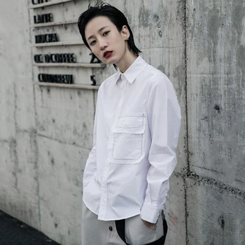 

simple Women White Pocket Line Split Joint Blouse New Lapel Long Sleeve Loose Fit Shirt Fashion Tide Spring Autumn 2020 1R604
