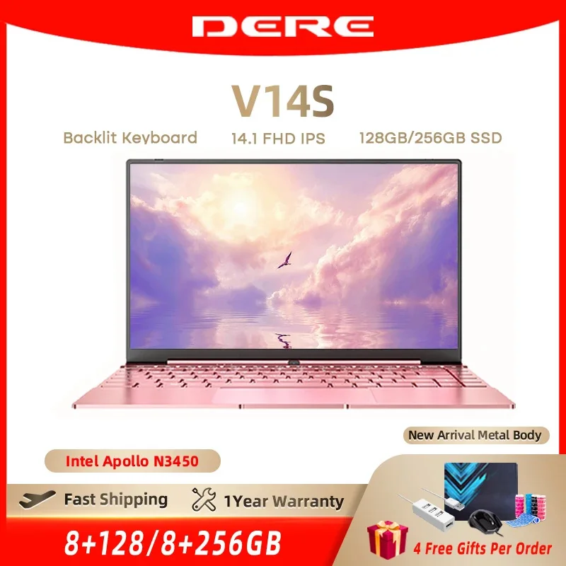 Ноутбук DERE V14S 14 1 дюйма Intel N3450 8 Гб ОЗУ 128 SSD офисный ноутбук клавиатура с подсветкой