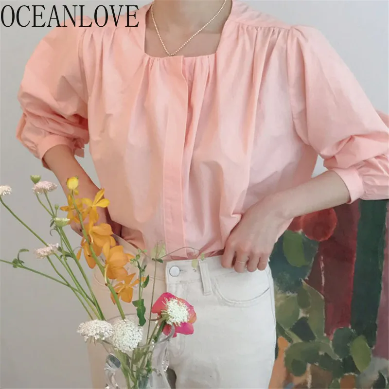 

OCEANLOVE Solid Korean Women Shirts Square Collar Pink Sweet Girls Spring Blouse Vintage OL Work Fashion Blusas Mujer 15279