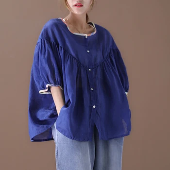 

[EWQ] Oversized 2020 New Pattern Round Collar Short Sleeve Solid Patchwork Single Breasted Vintage Shirt Women 3AJ50906