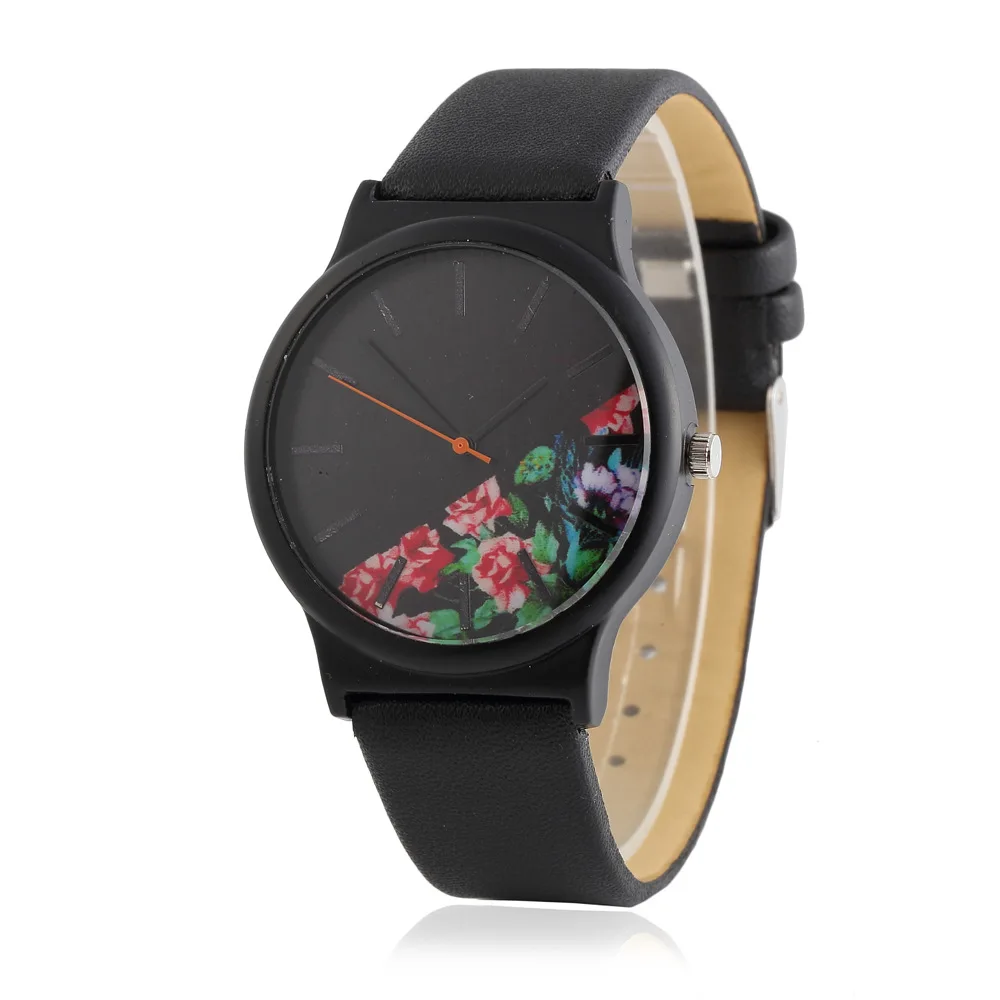 

Europe And America Hot Selling Women's Belt Watch Black Shell Half Rose Printed Quartz Watch Students Watch