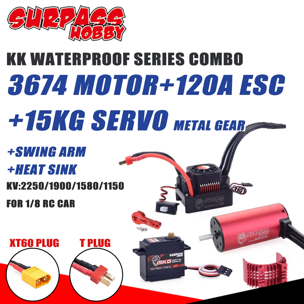 SURPASS HOBBY 3674 Waterproof Brushless Motor with 120A ESC T PLUG XT60 15KG Servo for 1/10 1/8 RC Car Traxxas MonsterTruck