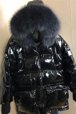 grey real fur LUZUZIReal мех енота Новая женская зимняя куртка из лакированной кожи утолщенное пуховое пальто Женская длинная Водонепроницаемая парка с капюшоном - Цвет: grey real fur