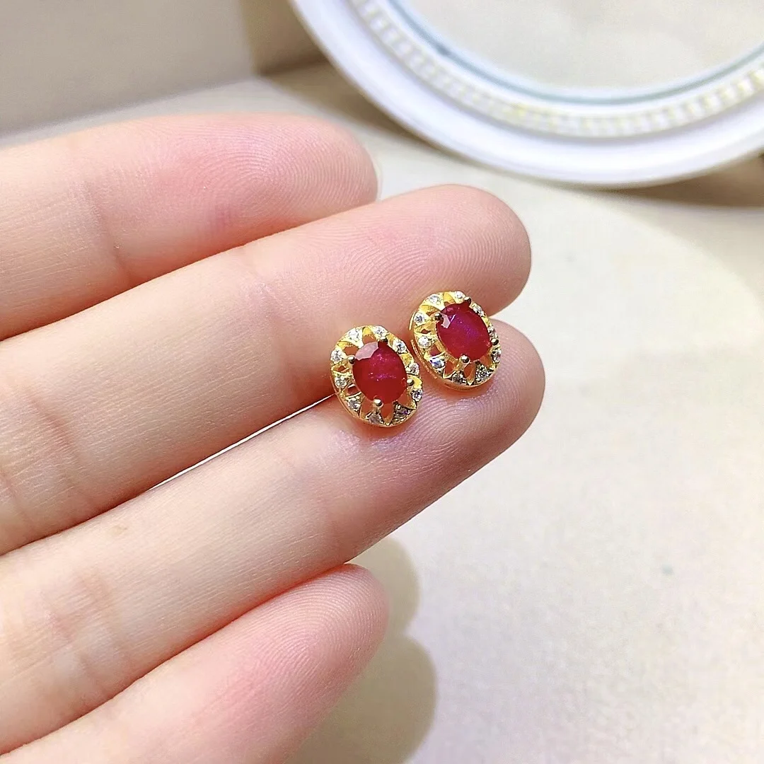 

Small Silver Gemstone Stud Earrings for Dailu Wear 4mm*5mm Natural Ruby Earrings Simple 925 Silver Ruby Earrings