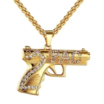 

Hip Hop Iced Out 2PAC Machine Gun Pistol Pendant Gold Plated Necklaces for Men Jewelry