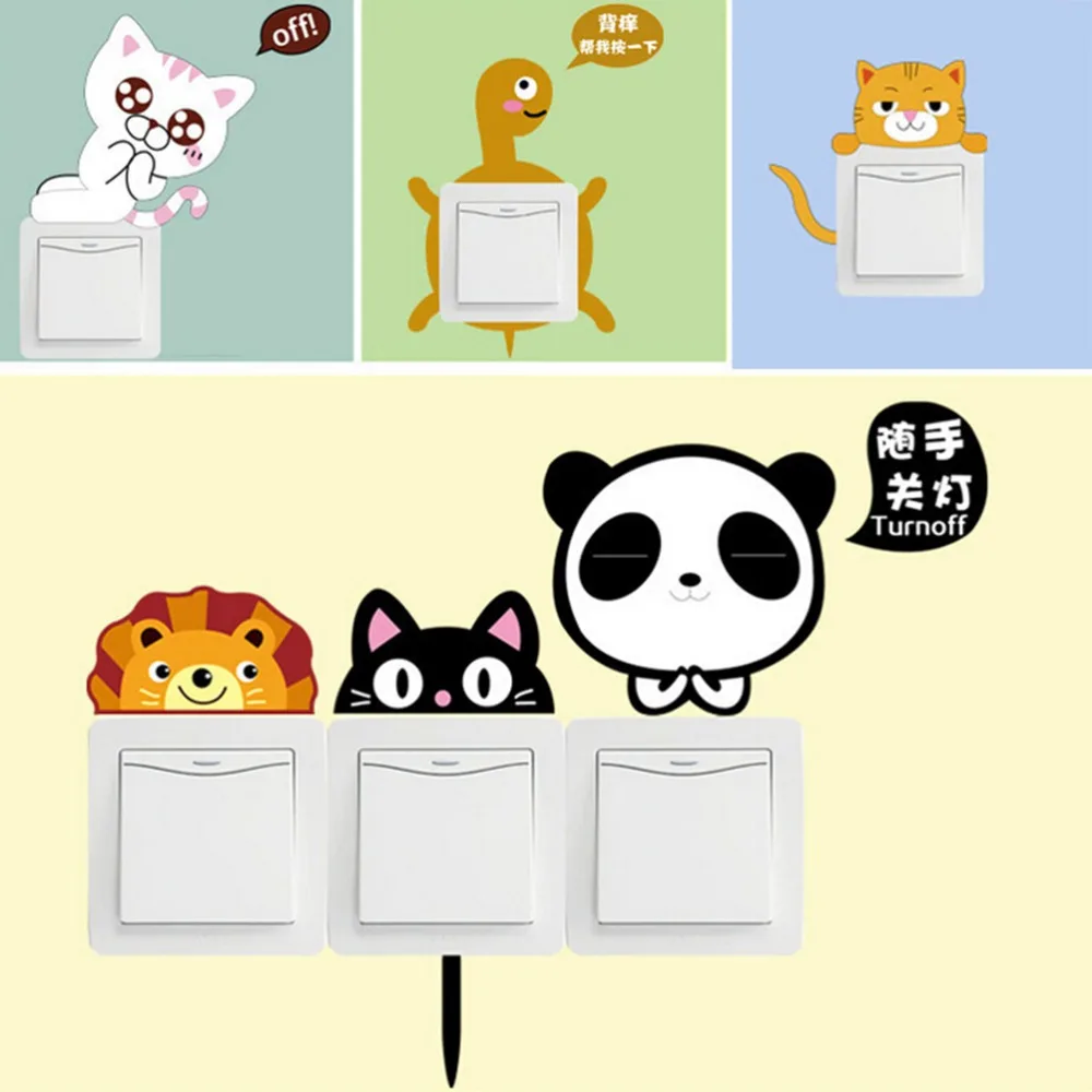 11 Pcs/Set Cartoon Animal Panda Lion Frog Cat Switch Sticker Cute Living Room Wall Sticker Kids Bedroom Decal Wallpaper