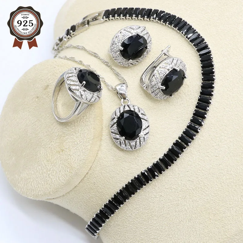 

Geometric 925 Sterling Silver Jewelry Set for Women Black Zircon Bracelet Hoop Earrings Necklace Pendant Ring Birthday Gift