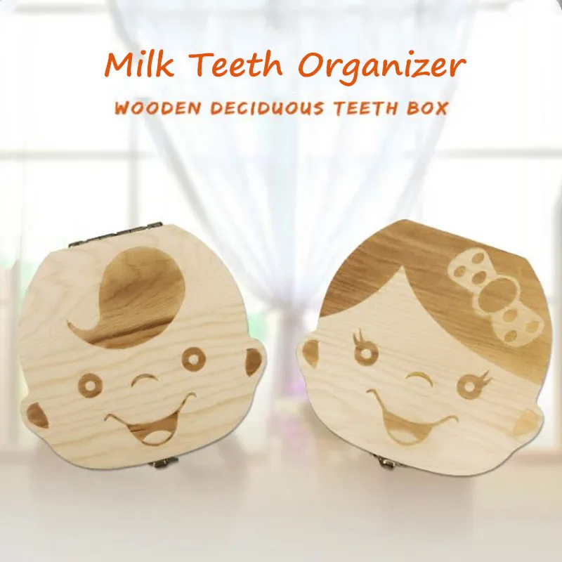 

Baby Tooth Box Wooden English/Spanish/Dutch/French/German Kids Milk Teeth Organizer Storage Baby Souvenirs Gifts Keepsakes Save