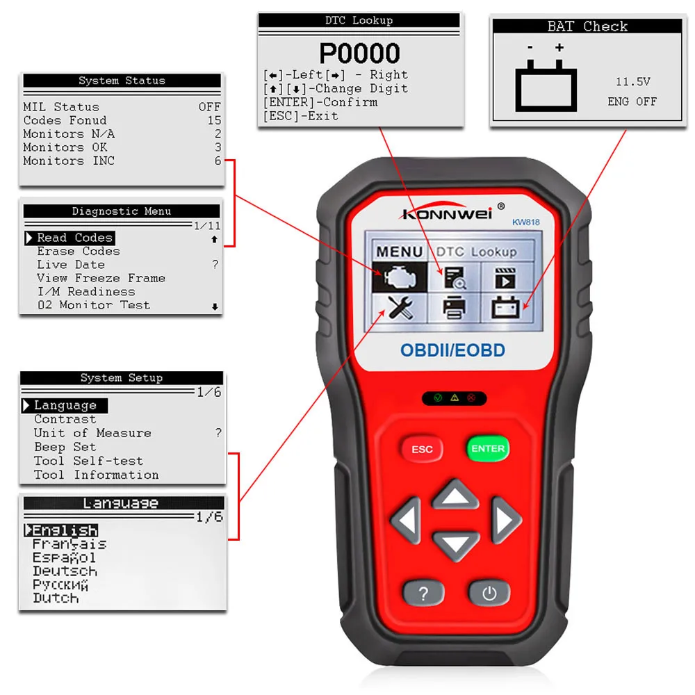 

Vehemo OBD2 Code Reader Car Diagnostic Battery Tester for KONNWEI KW818 Auto Diagnostic EODB Engine Diagnosis