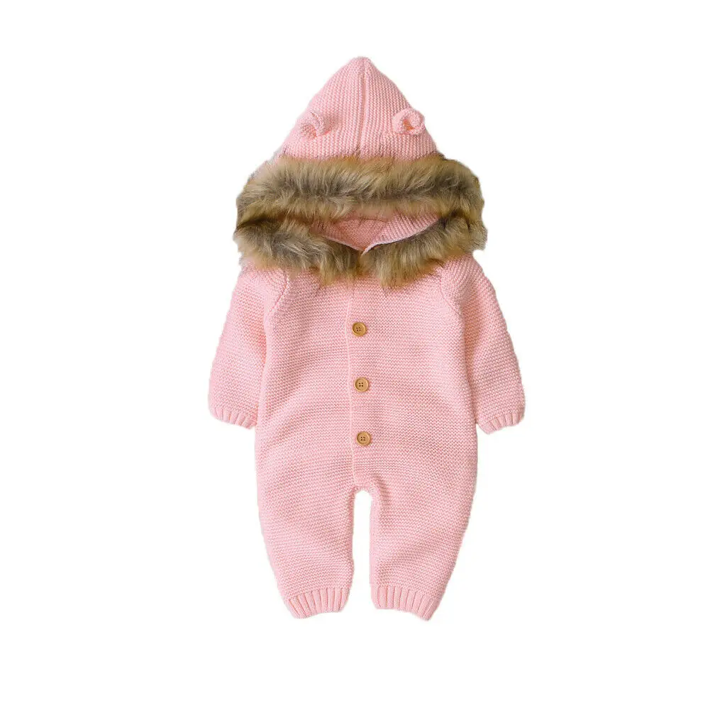 Детская одежда на осень и зиму одежда для маленьких мальчиков и девочек Вязаный домашний халат с длинными рукавами и пушистыми ушами, комбинезон Твердые наряды - Цвет: Розовый