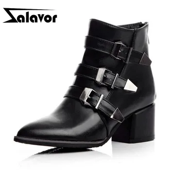 

ZALAVOR Plus Size 32-48 Women Ankle Boots Fashion Metal Buckle Boots Square Sexy Pointed Toe High Heel Office Lady Footwear