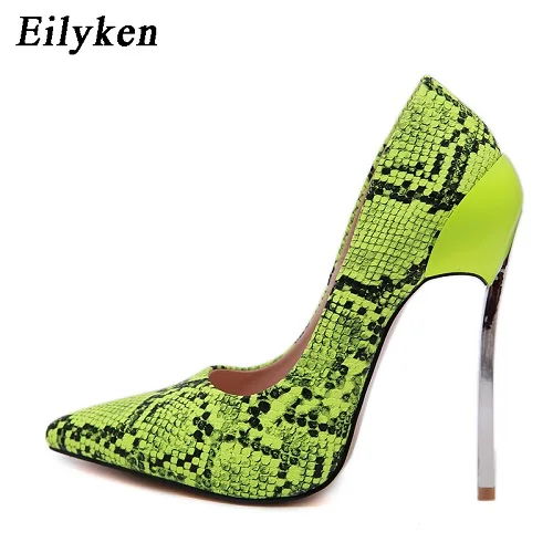 Green Eilyken/Новинка года; модная женская обувь; вечерние свадебные туфли со змеиным принтом; пикантные туфли-лодочки с острым носком на высоком каблуке; женская обувь; Размеры 35-42 - Цвет: Green