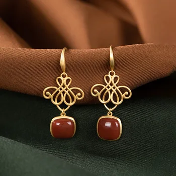 

S925 pure silver gold-plated South Red Agate auspicious knot women's retro classic earrings earrings earrings earrings