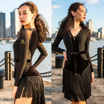

New Latin Dance Dress Adult Female Professional Sexy Tassel Split Long Sleeve Latino Practice Dancing Dresses For Women DWY2470
