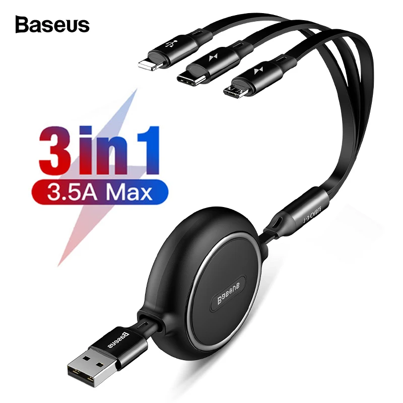 

Baseus 3 in 1 Retractable USB Cable For iPhone Xs Max Xr Fast Charging Charger Type C Micro USB Cable For HUAWEI Samsung Xiaomi