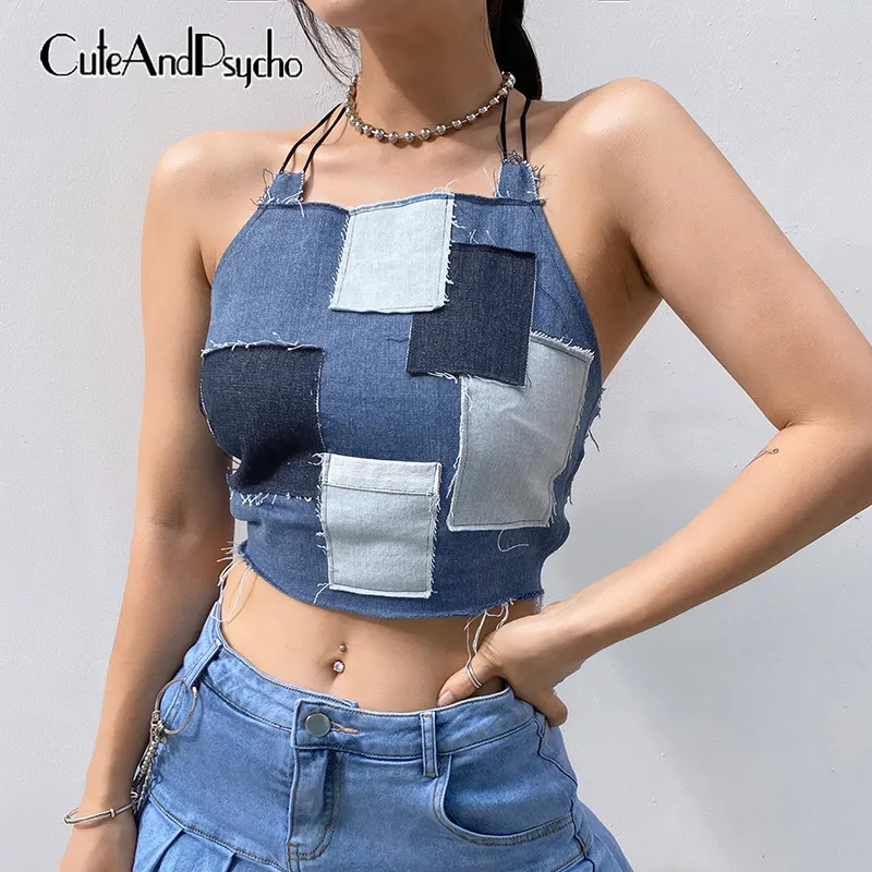 Backless Patchwork Jeans Crop Tops Women Sexy Lace up Ribbed Aesthetic Denim  Tops Clubwear Sleeveless Camis Cuteandpsycho|Camis| - AliExpress