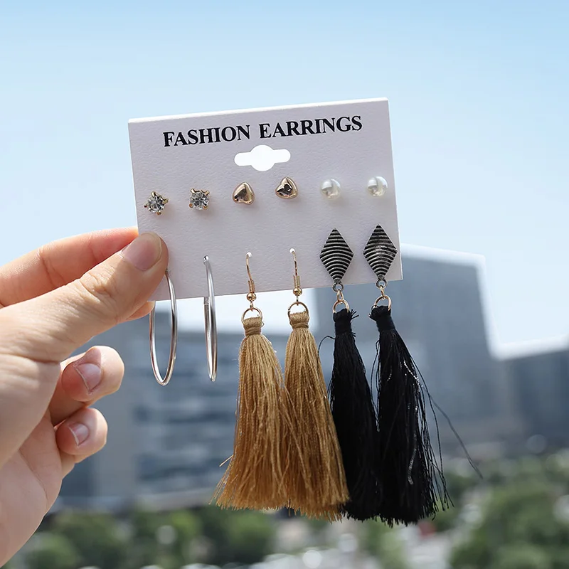 

6 Pair/Set Trendy Stud Earrings Sets Long Tassel Heart Imitation Pearl Circle Metal Boho Earring Women Female Party Gift Jewelry