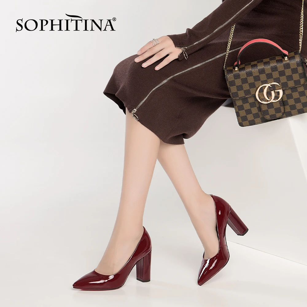 

SOPHITINA New Lady Pumps High Quality Patent Leather Elegant Pointed Toe Square Heel Handmade Shoes Solid Shallow Pumps MO403