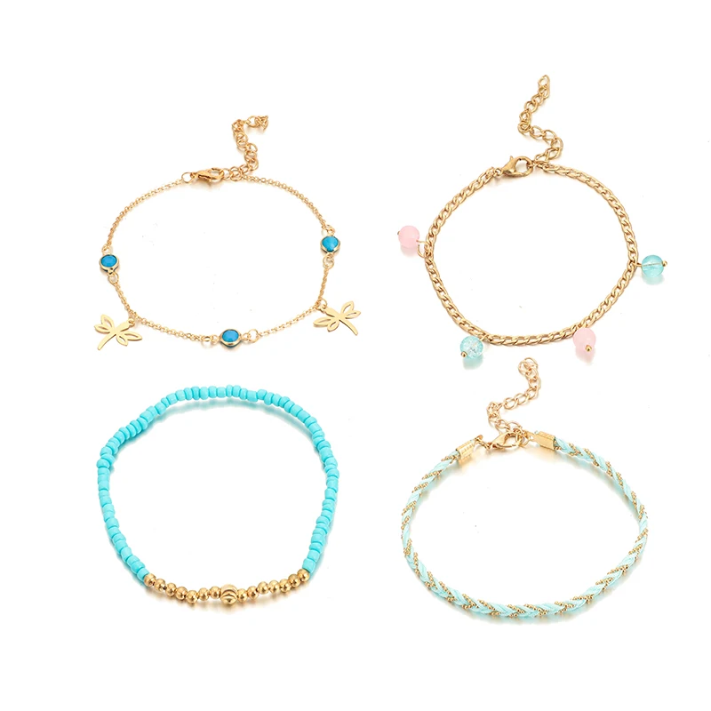 Docona Boho разноцветные бусы в виде стрекозы Кулон ножной браслет набор для Для женщин синий ткачество очаровательные Многослойные браслеты Tobillera 4 шт./компл. 8500