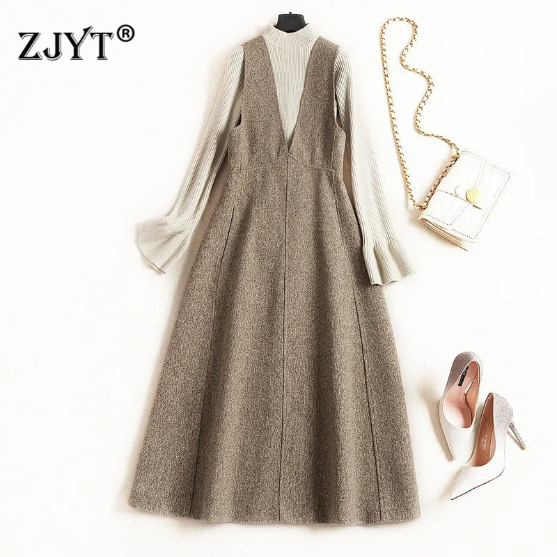 

High Quality Fashion Woman Fall Winter Dress Long Sleeve Elegant Solid Knit Pullover Sweater and Tank Woolen Dress 2piece Sets