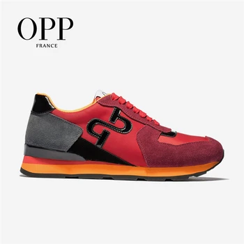 

OPP 2020 Men's Shoes Cow Leather Flats With Running Shoes Red Genuine Leather Lace-up Sports Shoes Men's Casual Foot Sneakers