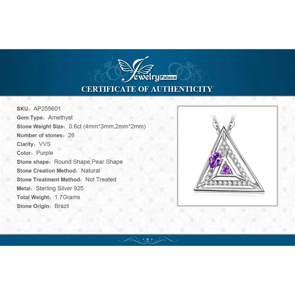 JewelryPalace Natural Amethyst Triangle Pendant Necklace Without Chain 925 Sterling Silver Pendants Gemstone Jewelry for Women