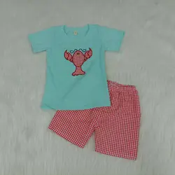 Оптовая продажа, нарядная одежда для малышей от 0 до 8 лет комплект из 2 предметов, футболка с омаром и шорты для мальчиков и девочек