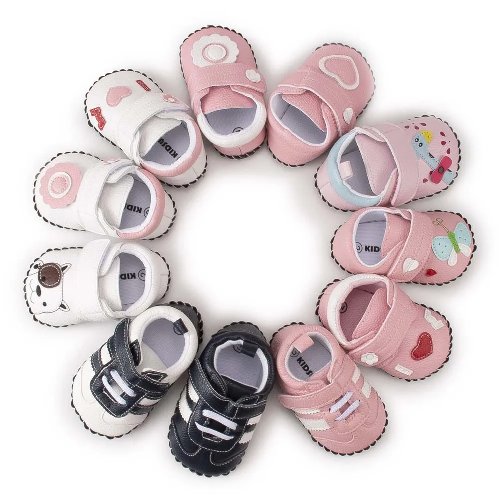 Zapatos de bebé para niño y niña, zapatos de flor para recién nacido, princesa con lazo de PU, antideslizantes, suela de goma blanda, para primeros pasos