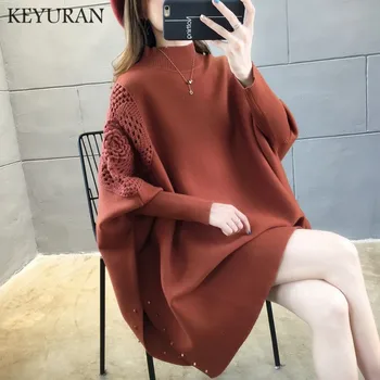 

2019 New Autumn Winter Women Oversized Beading Knitted Bat sleeve Hollow out sweater Female Knit Jumper Coat Cape Poncho Shawl