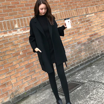 

New Fashion Women Autumn Winter Solid Color Lapel Belt Midi Coat Woolen Outwear Office Lady Long Sleeve Korean Style Top 2020