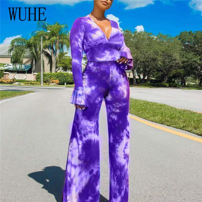 

WUHE Tie-Dye Printed Two Piece Sets Sexy V-neck Flared Sleeve Short T-shirts + High Waist Wide Leg Pants 2 Piece Womens Outfits