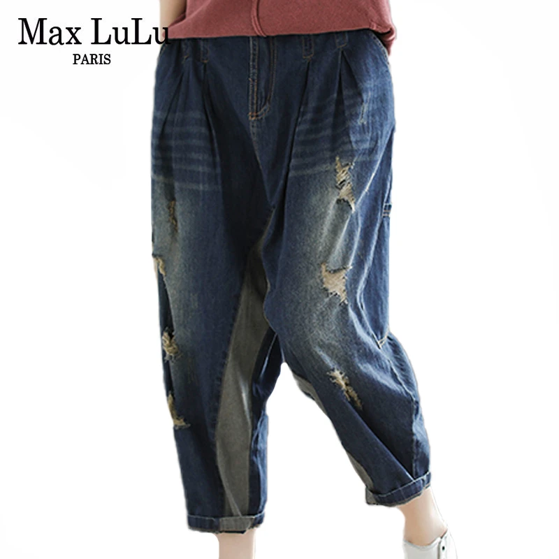 

Max LuLu 2020 Korean Fashion Ladies Loose Oversized Jeans Womens Vintage Ripped Denim Trousers Female Elastic Holes Harem Pants