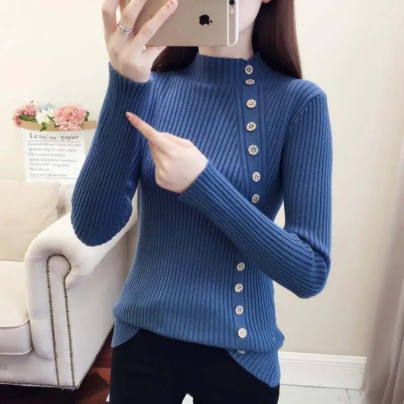 

Sweater women's half-high collar autumn and winter New Korean style bottoming shirt button decoration slim fit sweater top
