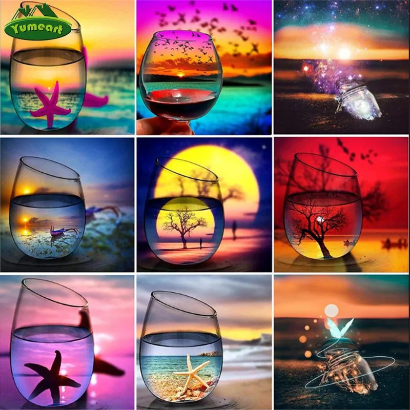 

YUMEART DIY Handmade 5D Diamond Painting Mosaic Romantic Glass Landscape Sea Star Cross stitch Set Diamond Embroidery Decor