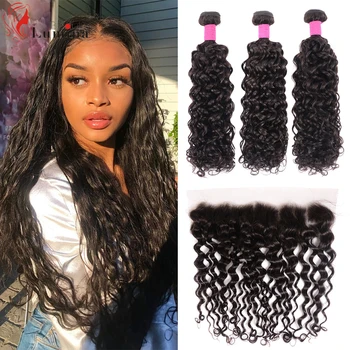 

Malaysian Water Wave 3 Bundles With Lace Frontal Closures Curly Human Hair Extensions 13x4 Lace Frontal With Bundles Pre Plucked