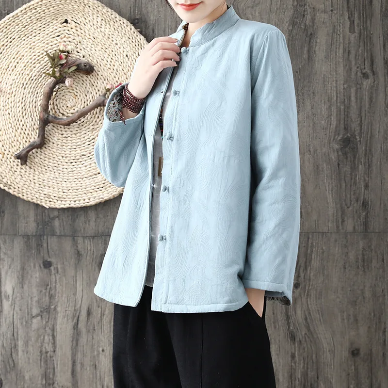 

2019 Autumn And Winter New Style Chinese Style Retro Cotton Linen Jacquard Stand Collar Frog Thin Cotton Women's Loose-Fit Cotto