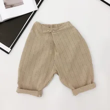 Комплекты для мальчиков брюки для девочек модные Весна стиль детская одежда из хлопка и льна Универсальный Повседневное брюки в полоску с 9 брюки корейский-Стиль Мода
